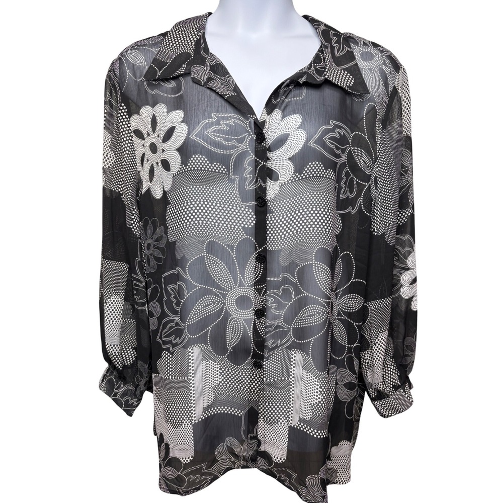 SUSAN GRAVER Womens Black Floral Chiffon Sheer Button Up Blouse 3X Office Airy